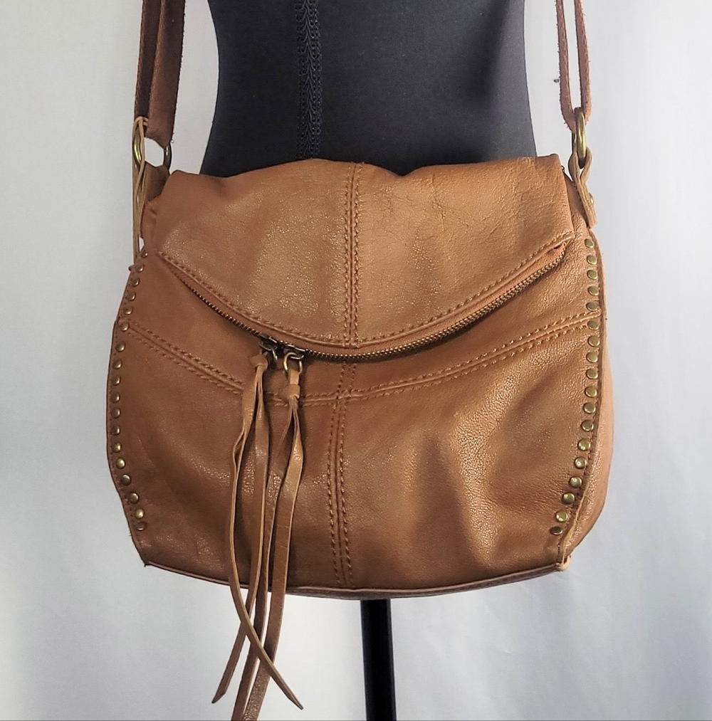 The Sak Boho Leather Crossbody Bag Tan Studded Flap Purse Adjustable Strap - Picture 6 of 10